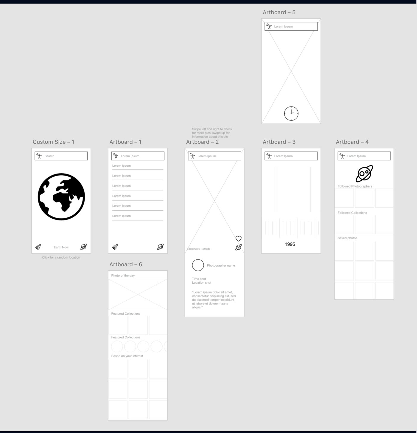 Sketch #1: grayscale wireframes for globe search, list, photo detail, year slider, and collections