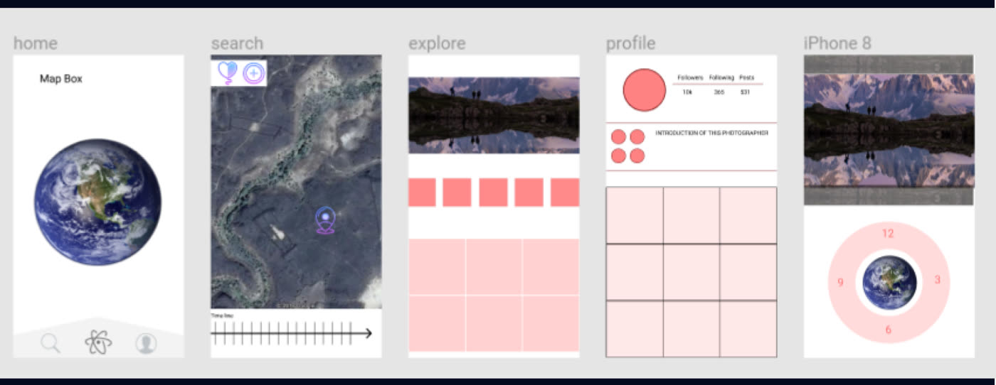 Sketch #3: home, map search, explore, profile, and a circular day view
