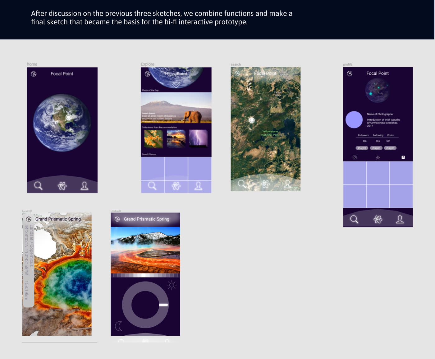 The combined final sketch: home globe, explore, satellite search, profile, a location page, and a day dial