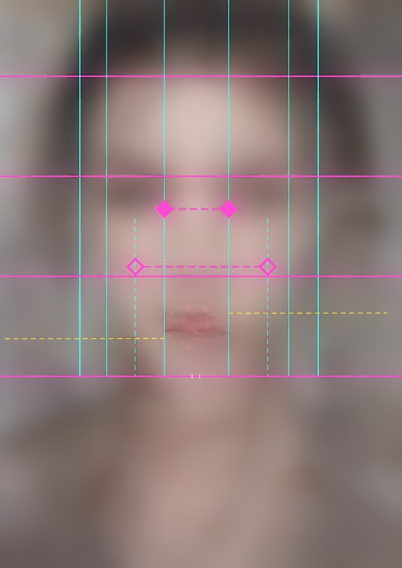 Front-view overlay study: rule-of-thirds, golden-ratio and feature-width lines over a face blurred beyond recognition