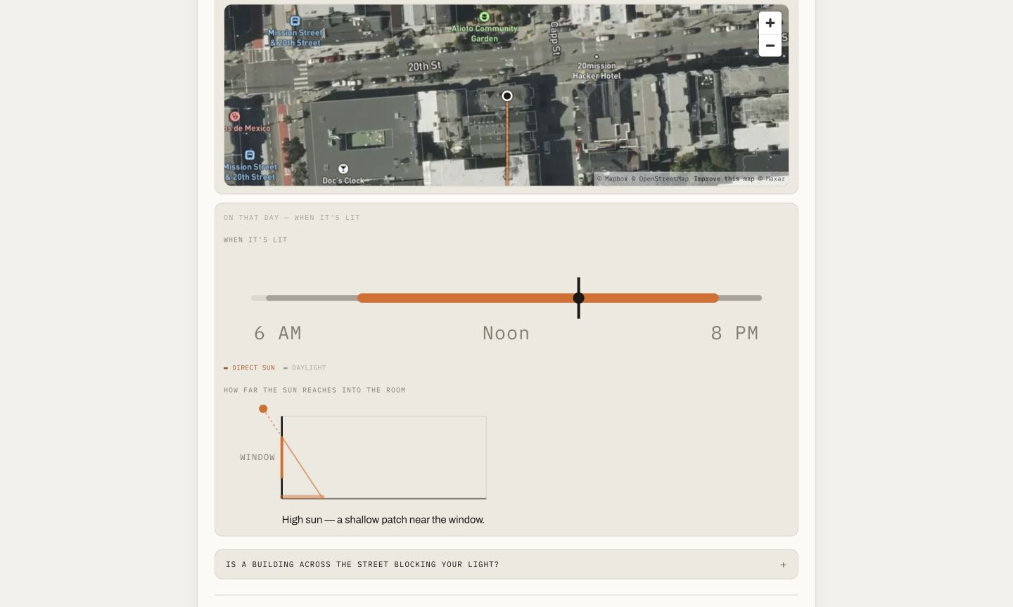 Sunlit detail view with satellite-map orientation, direct sun timeline, room-depth diagram, and building-across controls.