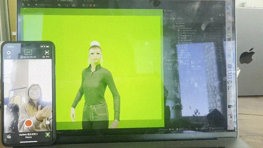 Live facial capture on a phone driving the Bernice MetaHuman against a green screen