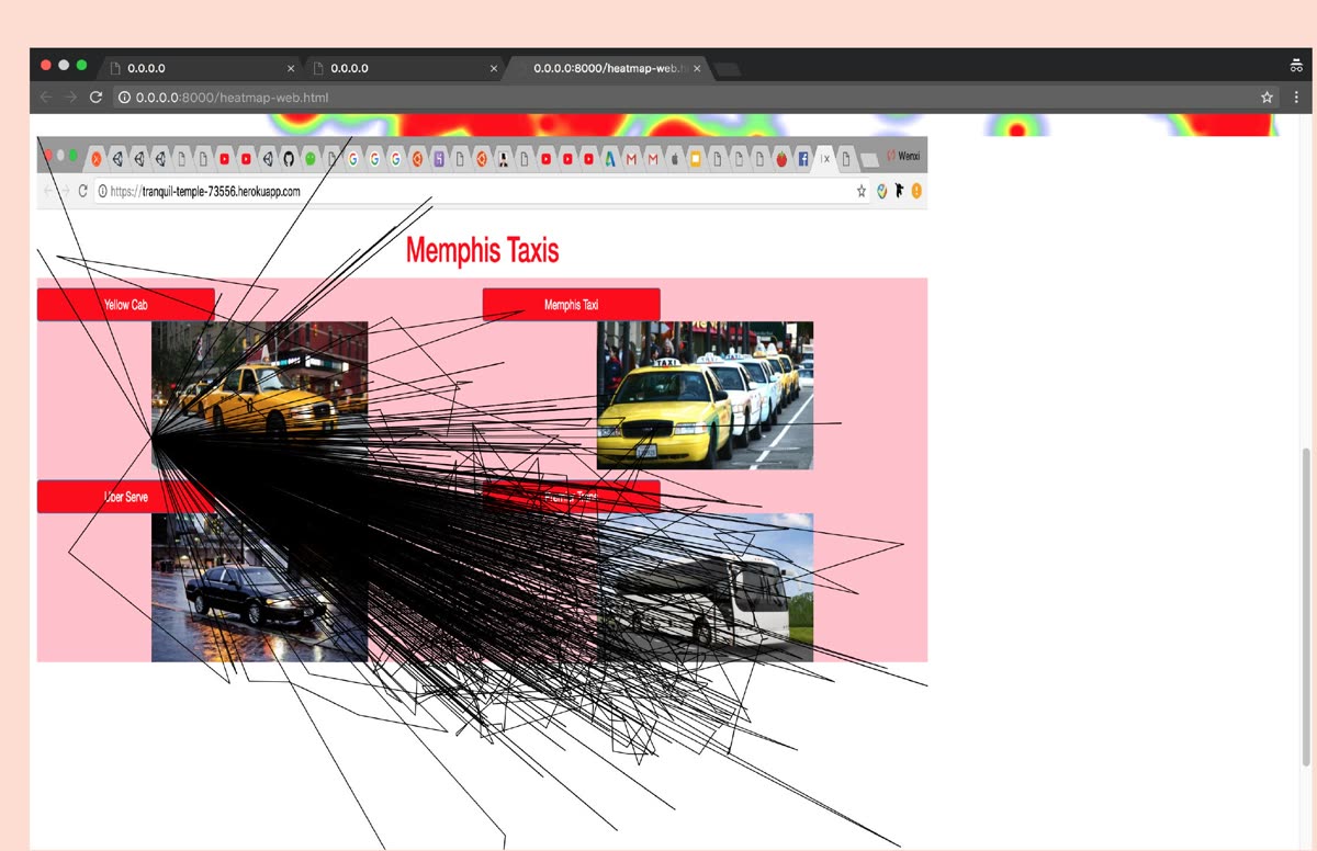Gaze path over version B: lines converge on the taxi images
