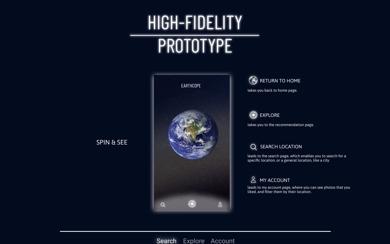 Earthcope home screen: a 3D globe to spin and pick a location