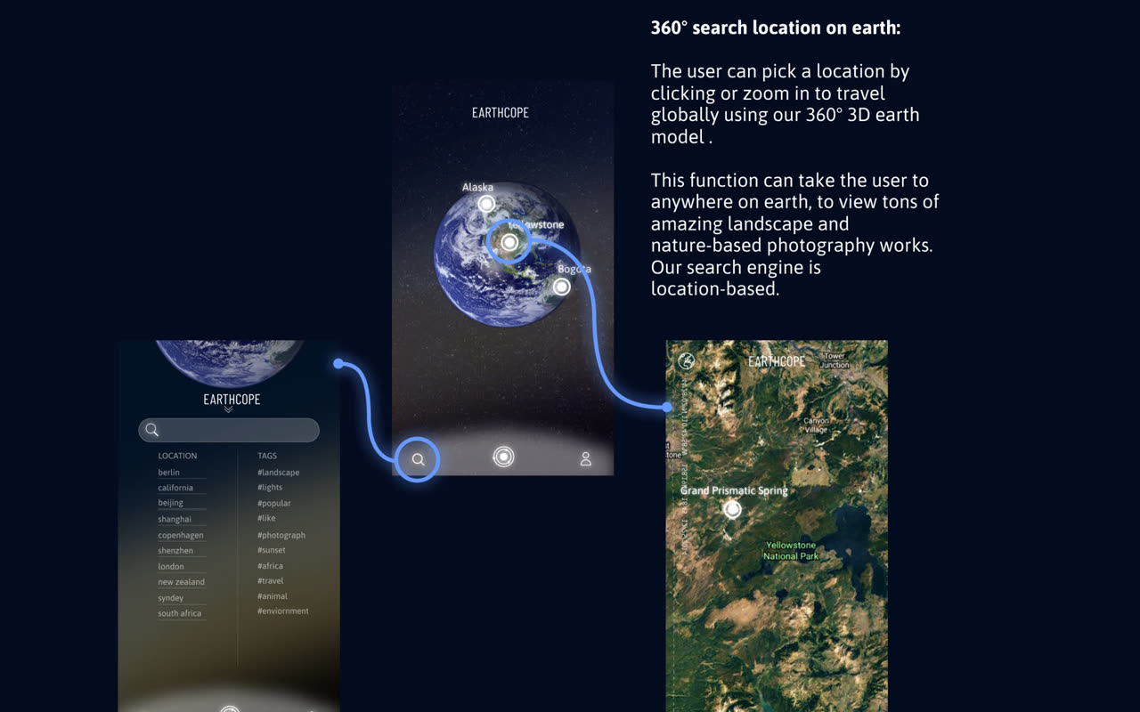 360° location search on the globe, zooming into a satellite map