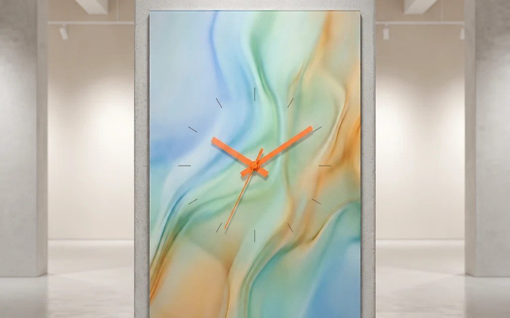 1x Clock: orange physical hands over a flowing pastel ambient display