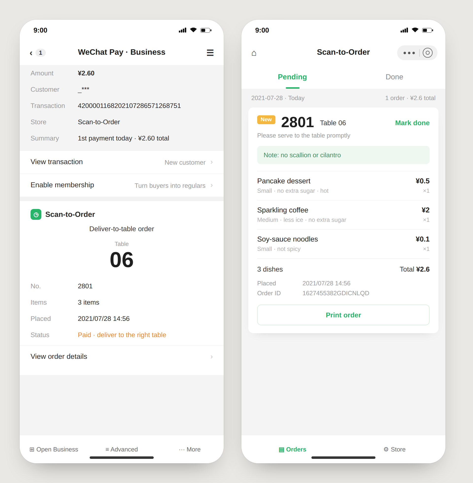 An order arriving on the merchant's screen